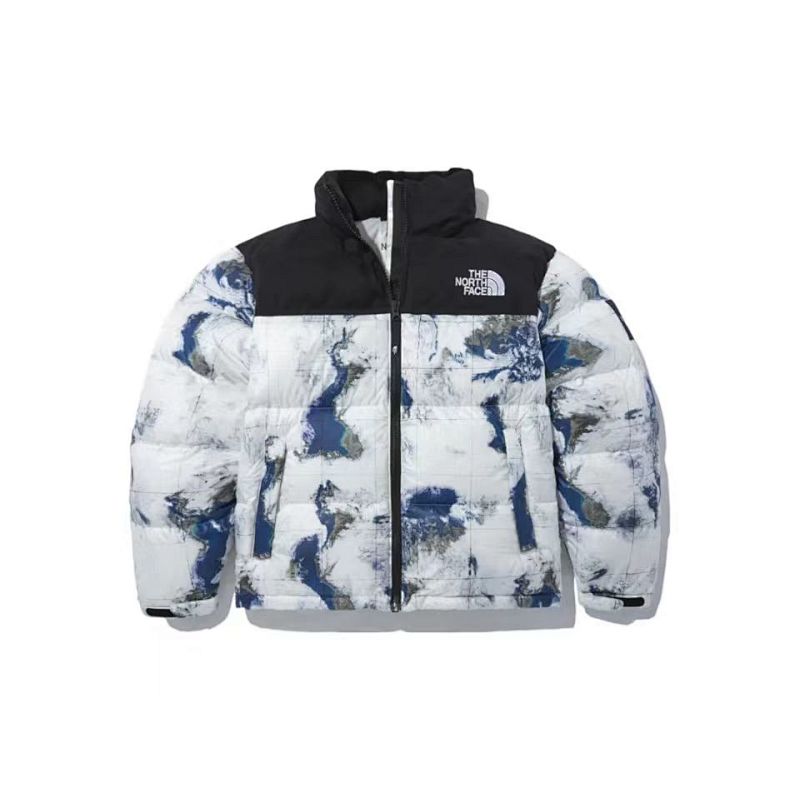 The North Face Earth-Print Stand-Collar Puffer Jacket - White & Blue