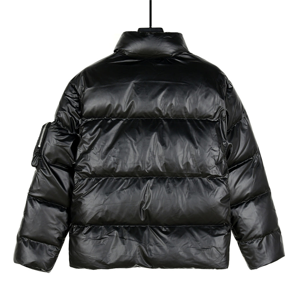 Prada Glossy Stand-Collar Puffer Jacket with Large Pockets - Black
