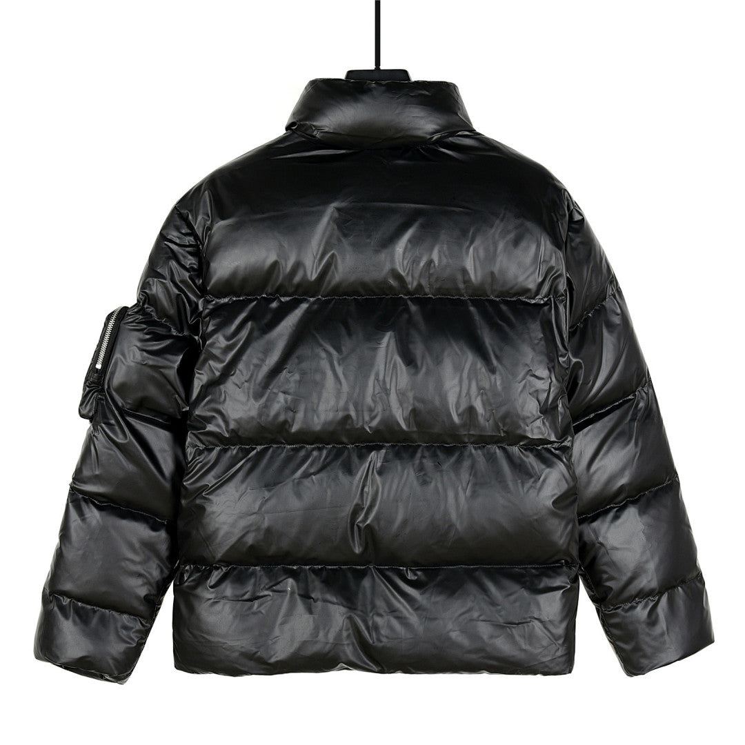 Prada Glossy Stand-Collar Puffer Jacket with Large Pockets - Black