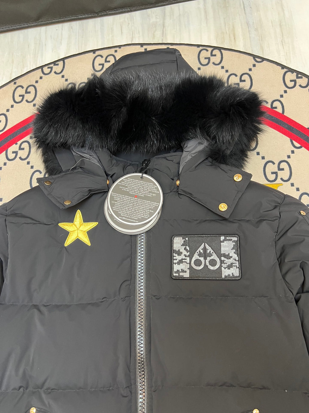 Moose Knuckles Unisex Multi-Patch Hooded Bomber Jacket - Black