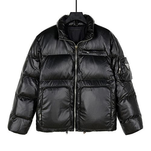 Prada Glossy Stand-Collar Puffer Jacket with Large Pockets - Black