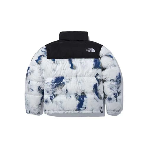 The North Face Earth-Print Stand-Collar Puffer Jacket - White & Blue