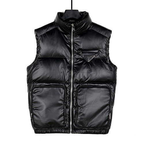 Prada Glossy Stand-Collar Puffer Vest with Large Pockets - Black