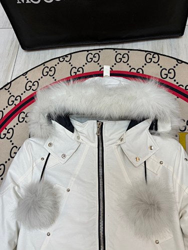 Moose Knuckles Women's Pom-Pom Hooded Bomber Jacket - White