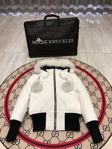 Moose Knuckles Women's Pom-Pom Hooded Bomber Jacket - White