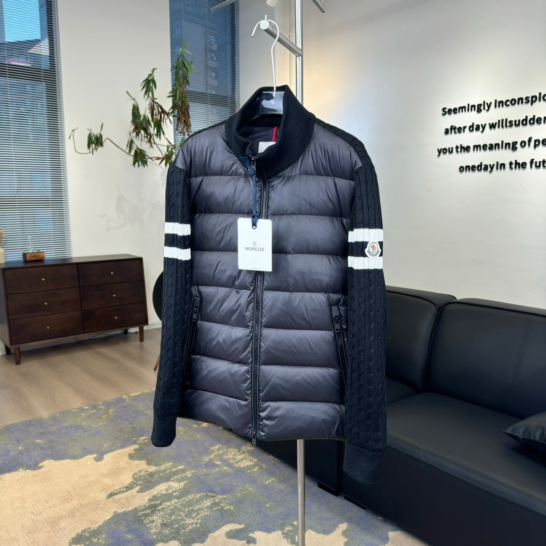 Moncler Striped-Sleeve Cable-Knit Hybrid Jacket