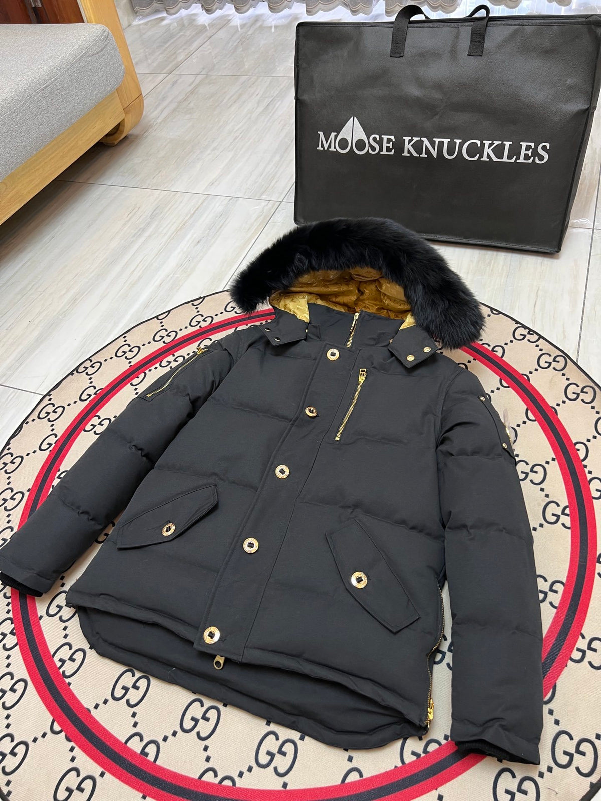Moose Knuckles Men's Hooded Puffer Jacket - Black & Gold