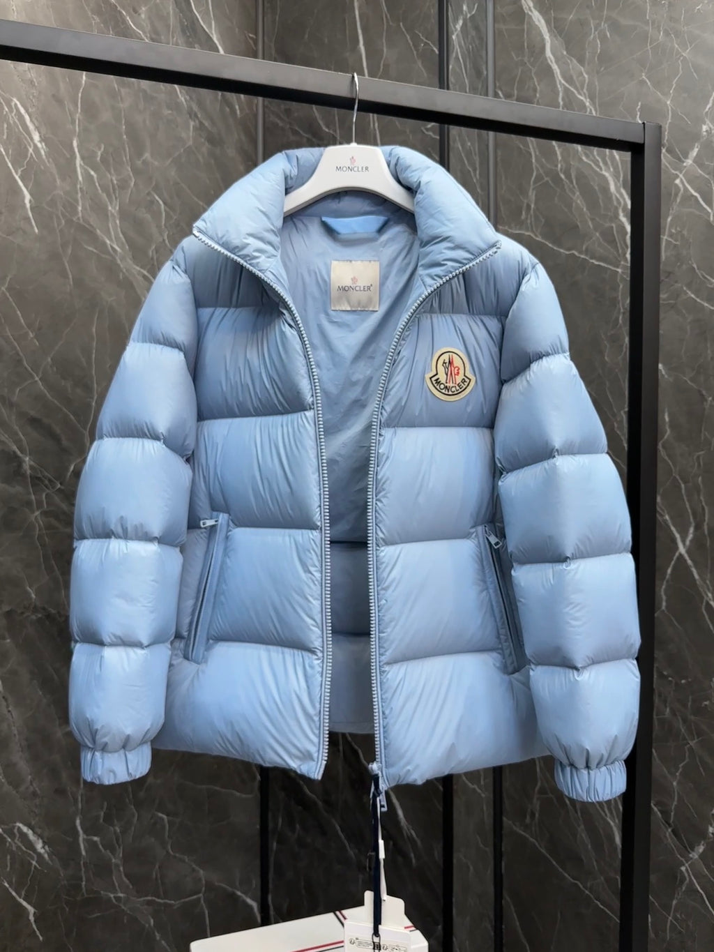 Moncler Large Logo Stand-Collar Puffer Jacket - Light Blue