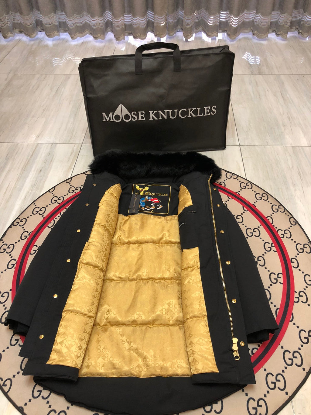 Moose Knuckles Men's Long Hooded Parka - Black & Gold