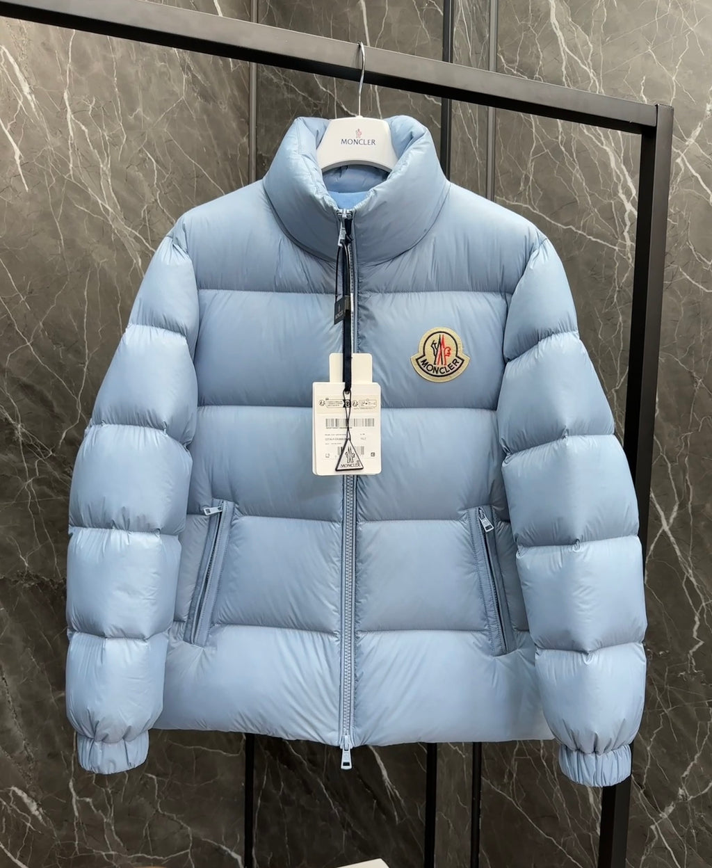 Moncler Large Logo Stand-Collar Puffer Jacket - Light Blue