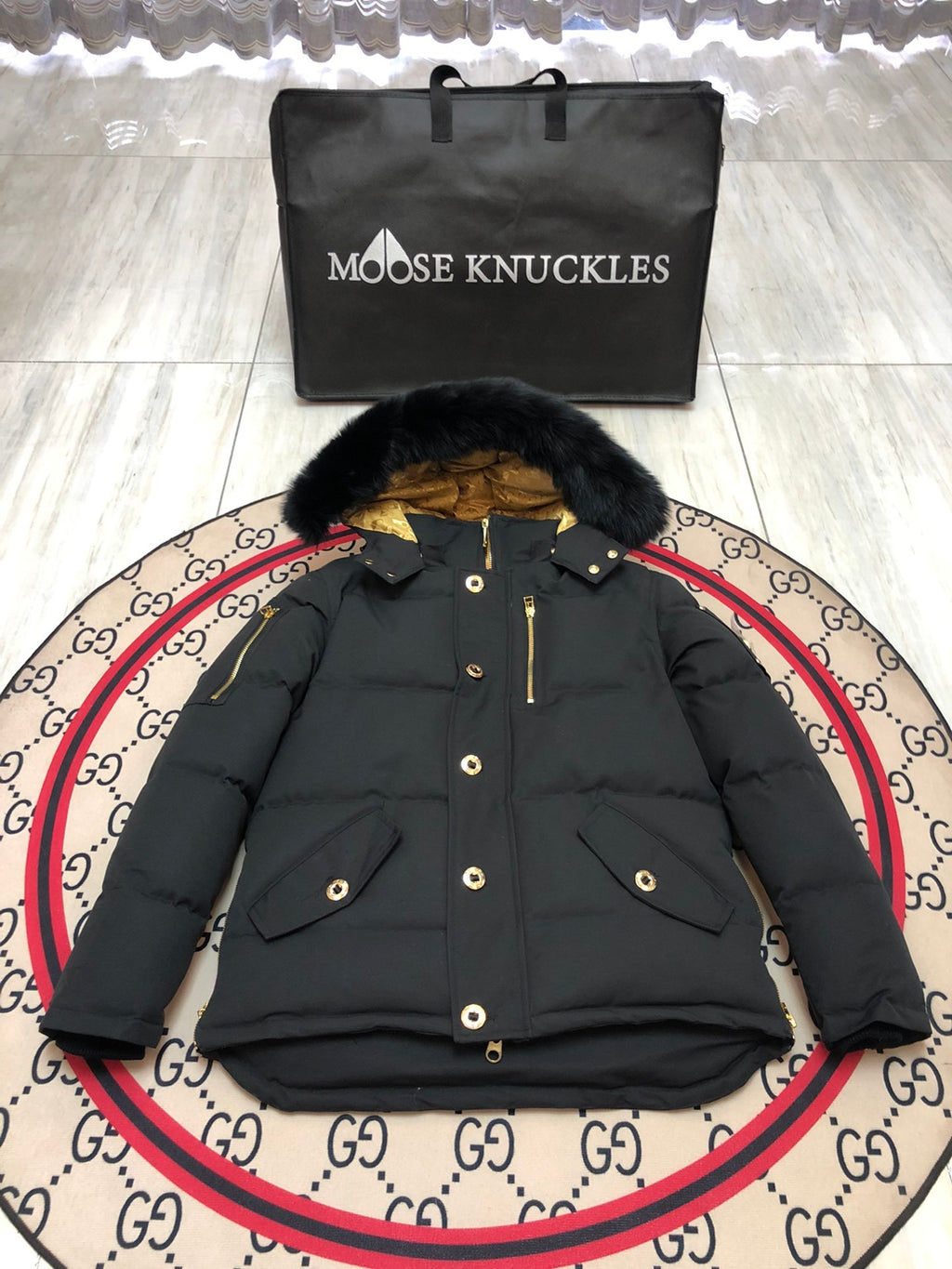 Moose Knuckles Men's Hooded Puffer Jacket - Black & Gold