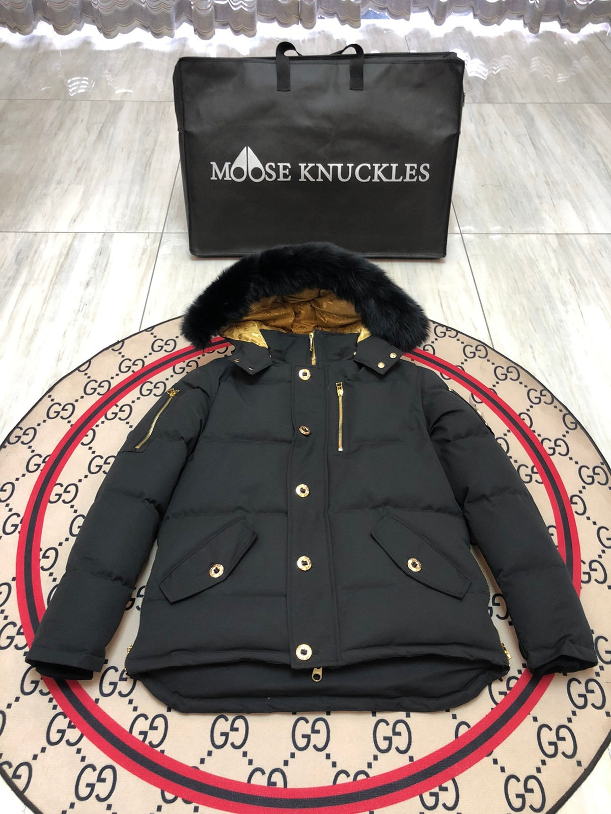 Moose Knuckles Men's Hooded Puffer Jacket - Black & Gold