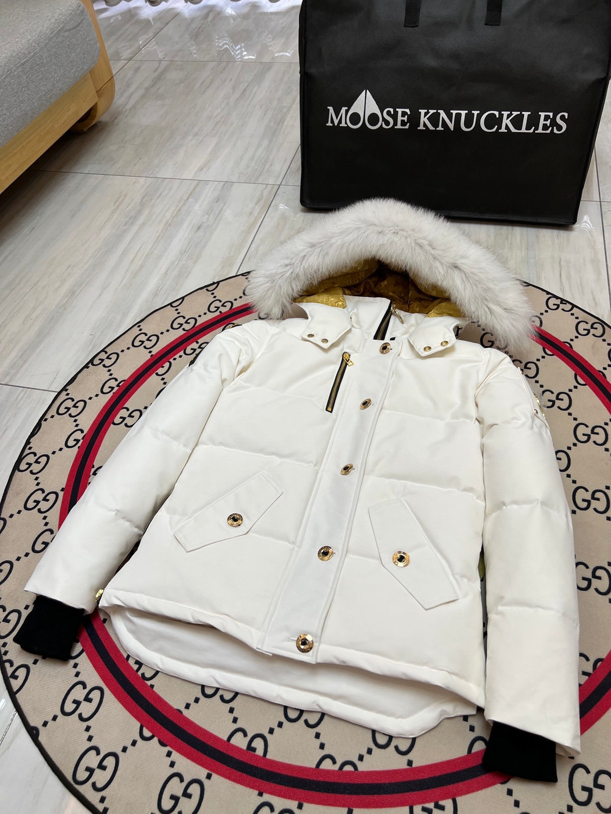 Moose Knuckles Women's Hooded Puffer Jacket - White & Gold