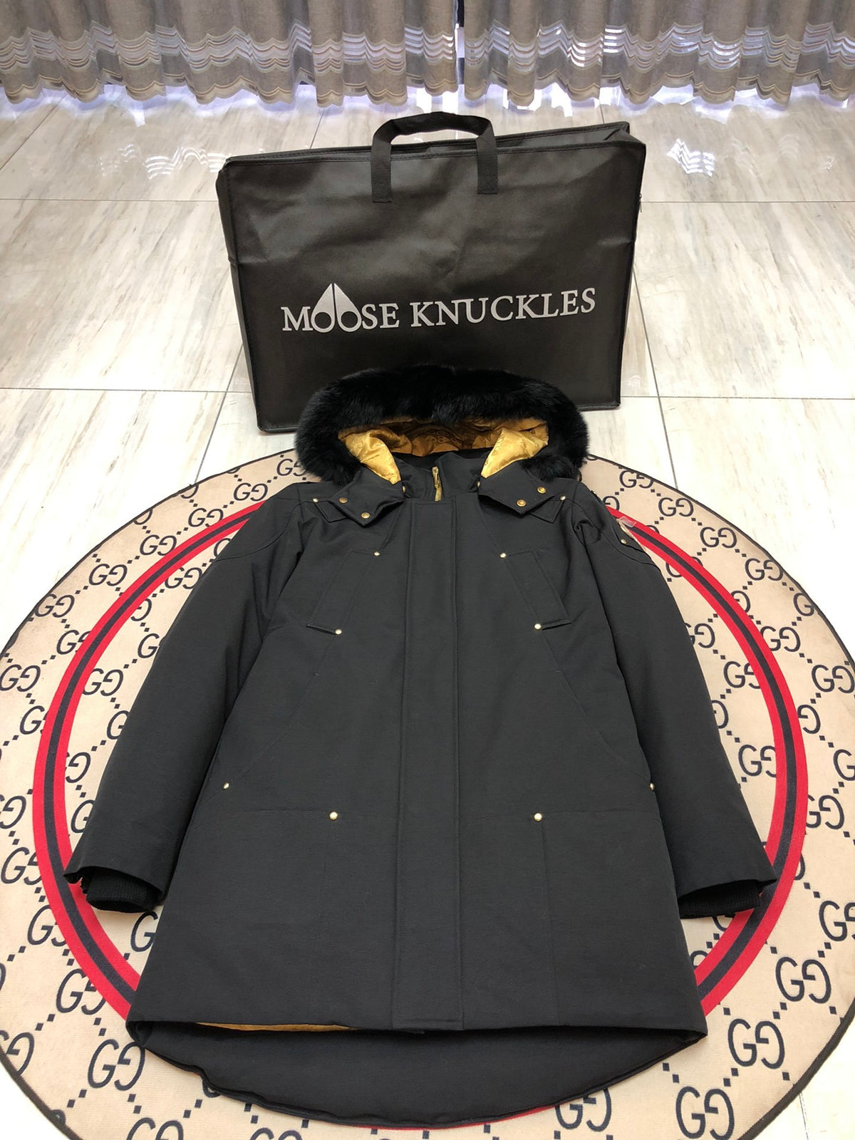 Moose Knuckles Men's Long Hooded Parka - Black & Gold