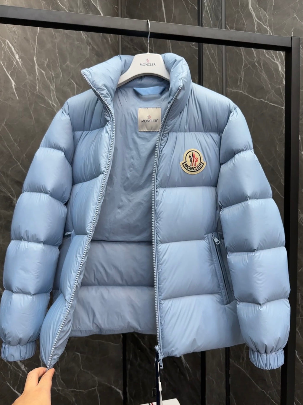 Moncler Large Logo Stand-Collar Puffer Jacket - Light Blue