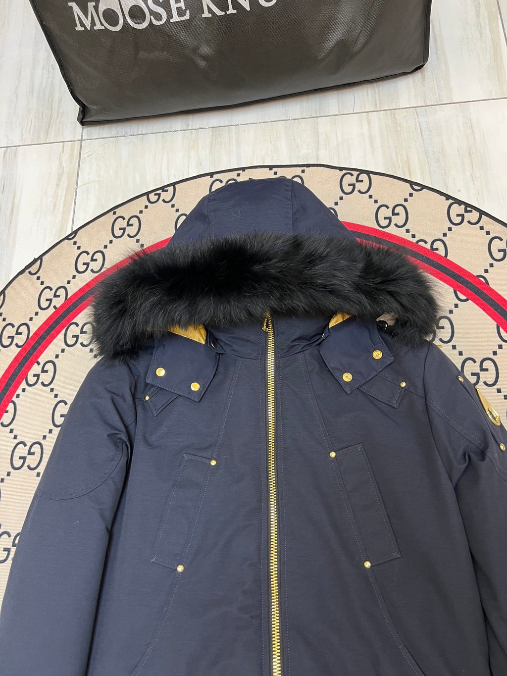 Moose Knuckles Men's Hooded Bomber Jacket - Navy & Gold
