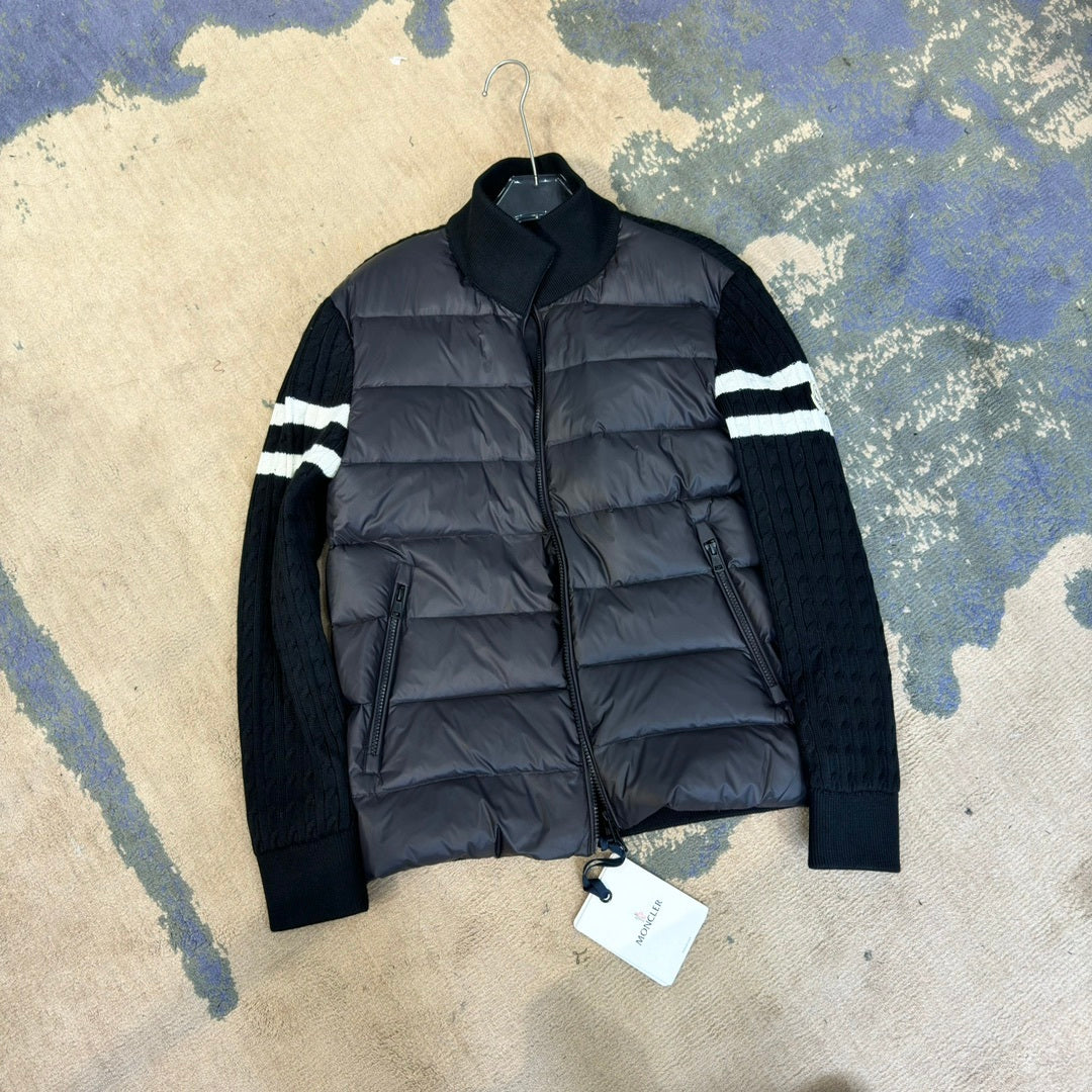 Moncler Striped-Sleeve Cable-Knit Hybrid Jacket