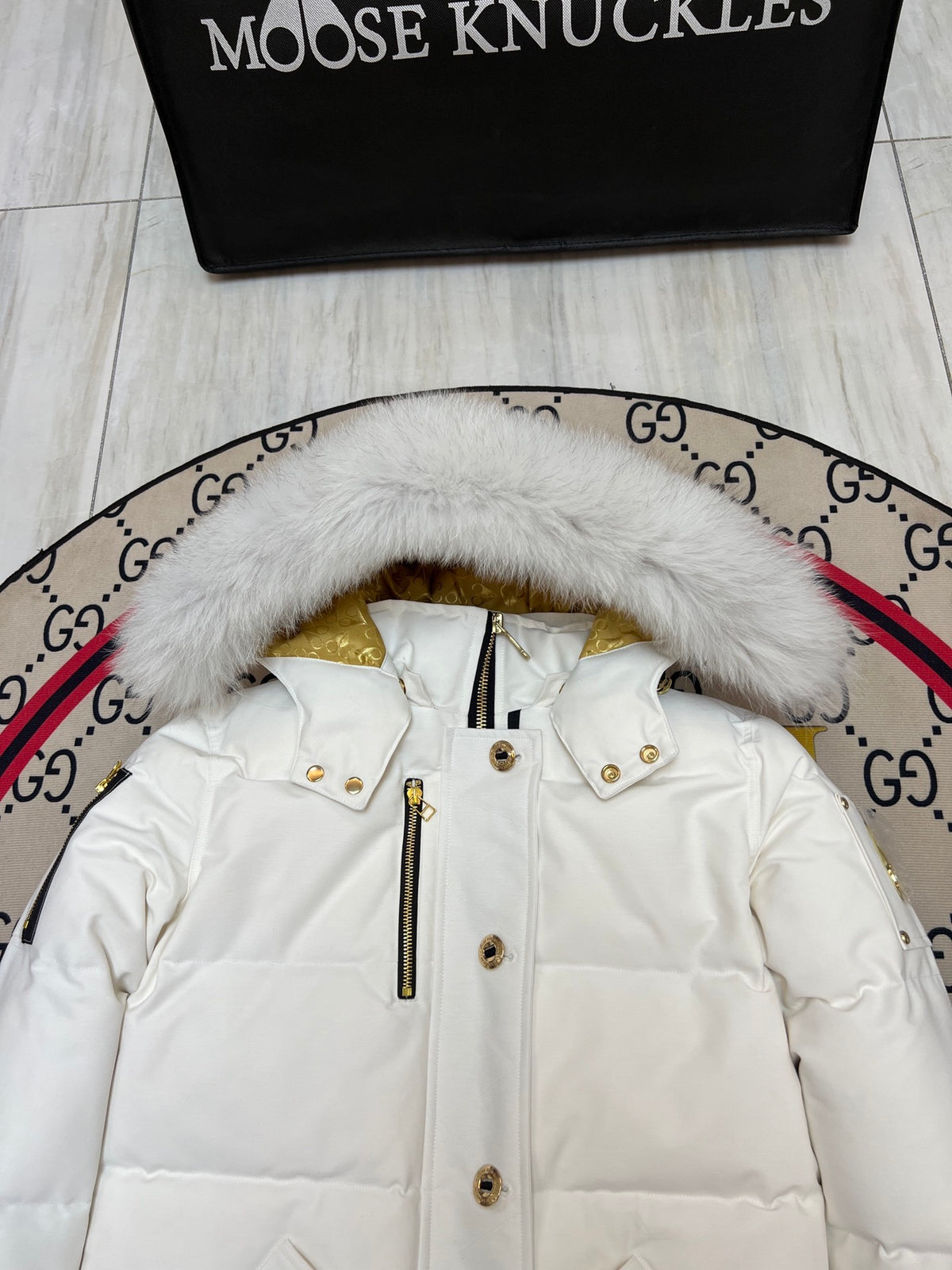 Moose Knuckles Women's Hooded Puffer Jacket - White & Gold