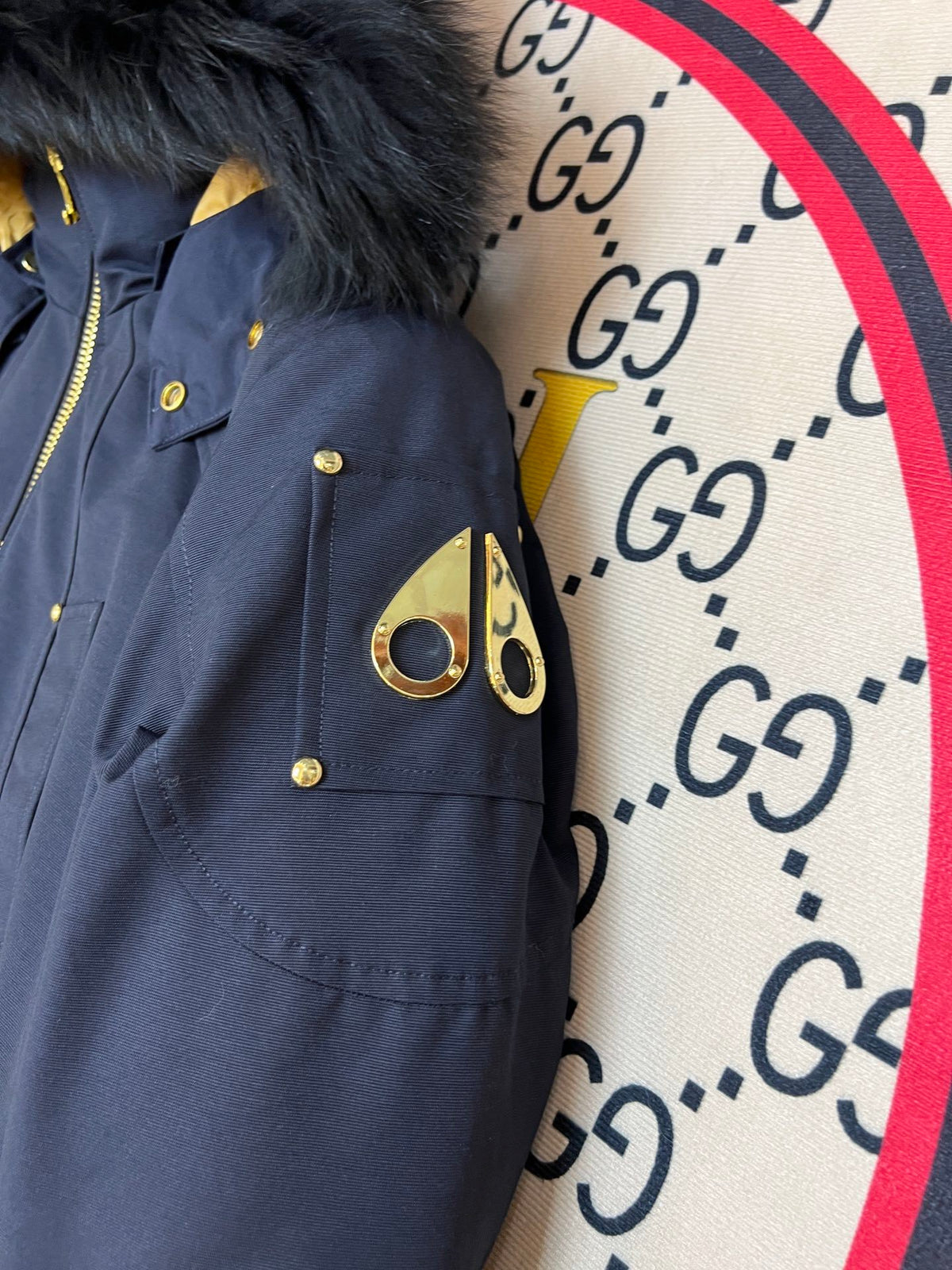 Moose Knuckles Men's Hooded Bomber Jacket - Navy & Gold