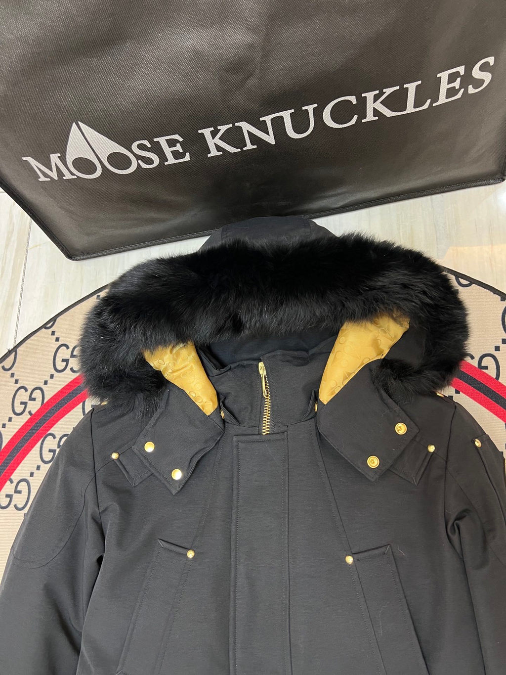 Moose Knuckles Men's Long Hooded Parka - Black & Gold