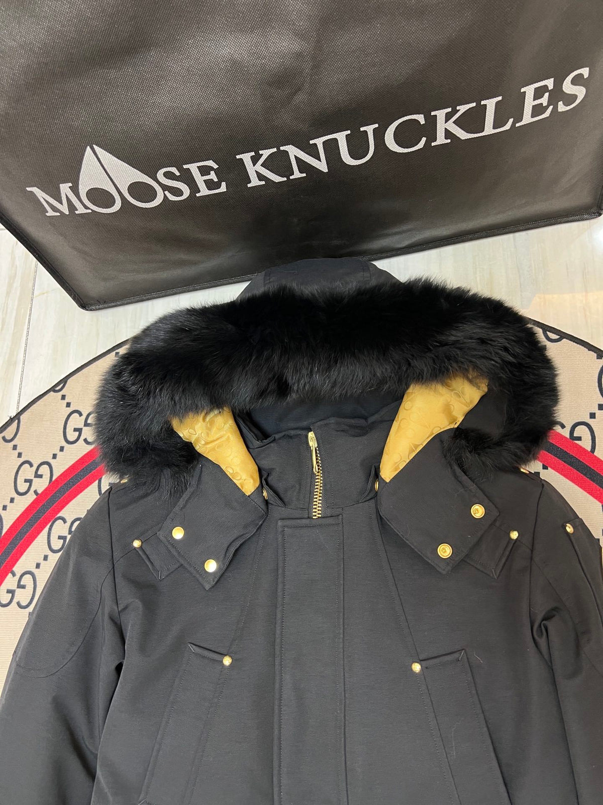 Moose Knuckles Men's Long Hooded Parka - Black & Gold