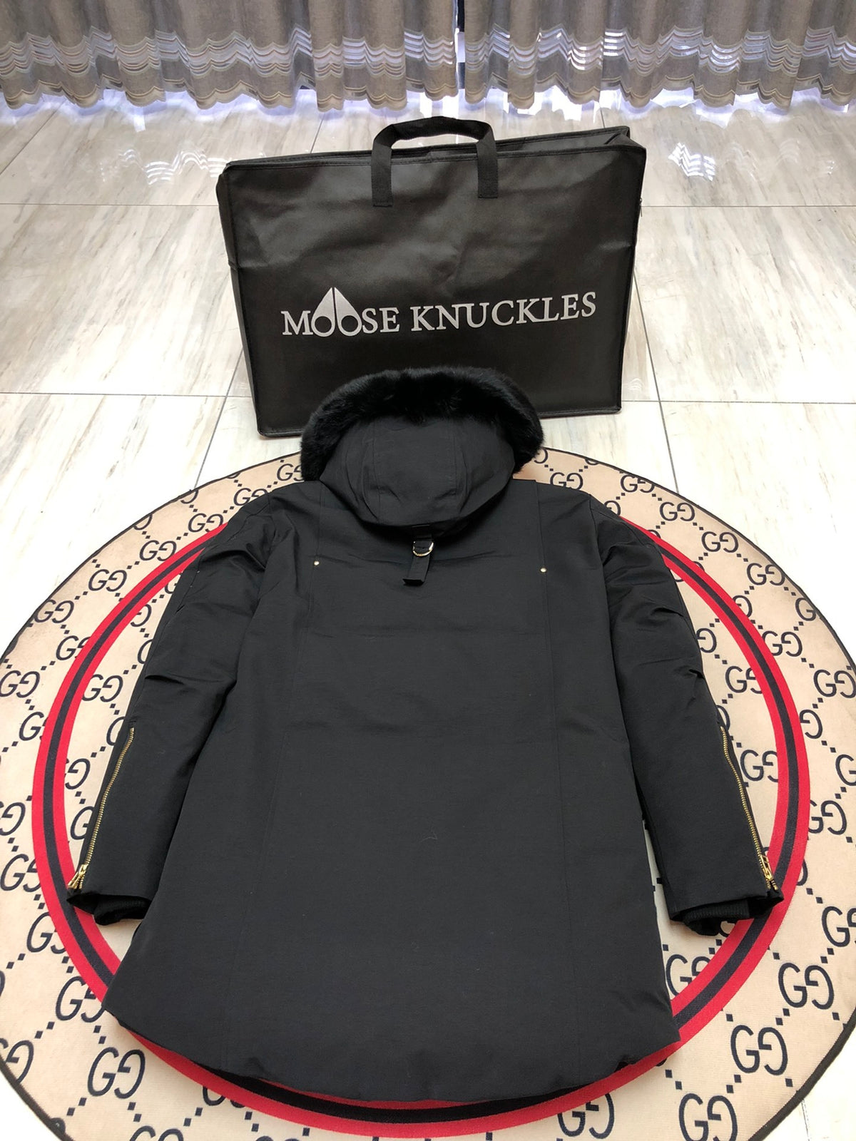 Moose Knuckles Men's Long Hooded Parka - Black & Gold